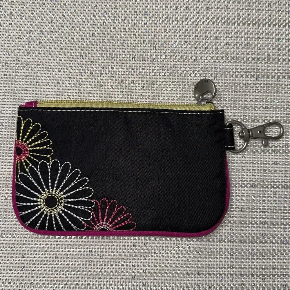 TRAVELON RFID Black Yellow Pink Floral Embroidery Daisy Double Zip Clutch Wallet